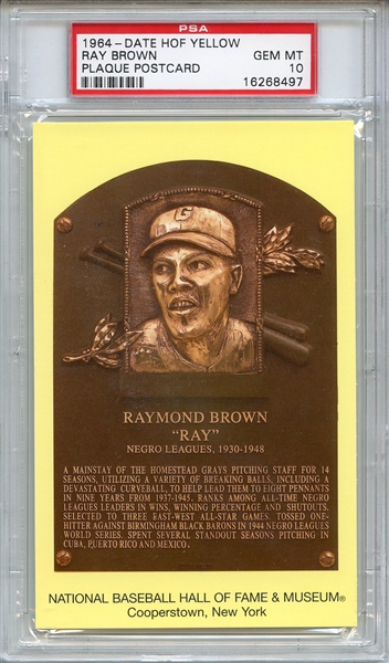 1964-DATE HALL OF FAME YELLOW PLAQUE POSTCARD RAY BROWN PLAQUE POSTCARD PSA GEM MT 10