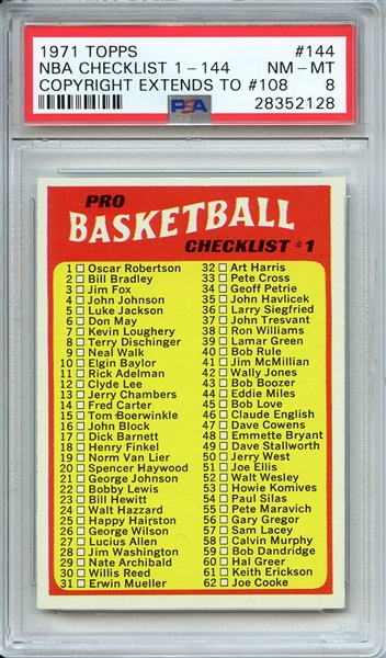 1971 TOPPS 144 NBA CHECKLIST 1-144 COPYRIGHT EXTENDS TO #108 PSA NM-MT 8