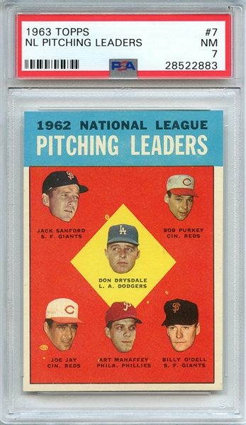 1963 TOPPS 7 NL PITCHING LEADERS PSA NM 7