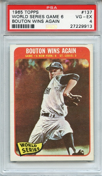 1965 TOPPS 137 WORLD SERIES GAME 6 BOUTON WINS AGAIN PSA VG-EX 4