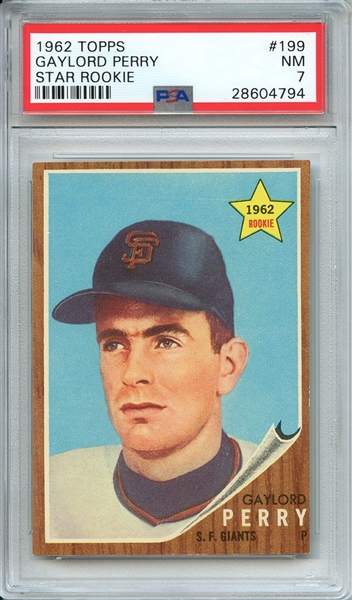 1962 TOPPS 199 GAYLORD PERRY STAR ROOKIE RC PSA NM 7