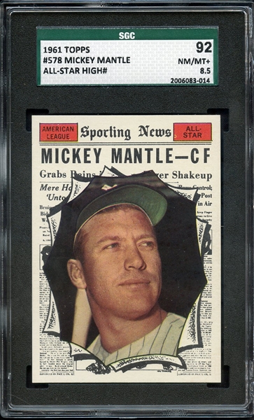 1961 TOPPS 578 MICKEY MANTLE ALL STAR SGC NM/MT+ 92 / 8.5