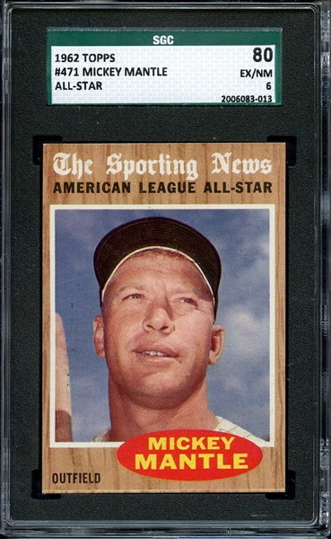 1962 TOPPS 471 MICKEY MANTLE ALL STAR SGC EX/MT 80 / 6