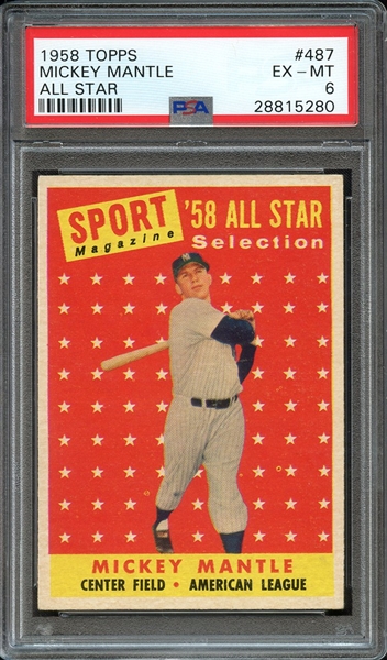 1958 TOPPS 487 MICKEY MANTLE ALL STAR PSA EX-MT 6