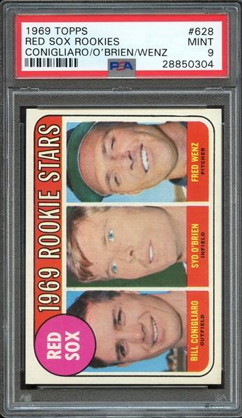 1969 TOPPS 628 RED SOX ROOKIES CONIGLIARO/O'BRIEN/WENZ PSA MINT 9