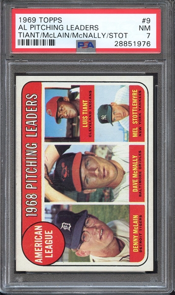 1969 TOPPS 9 AL PITCHING LEADERS TIANT/McLAIN/McNALLY/STOT PSA NM 7