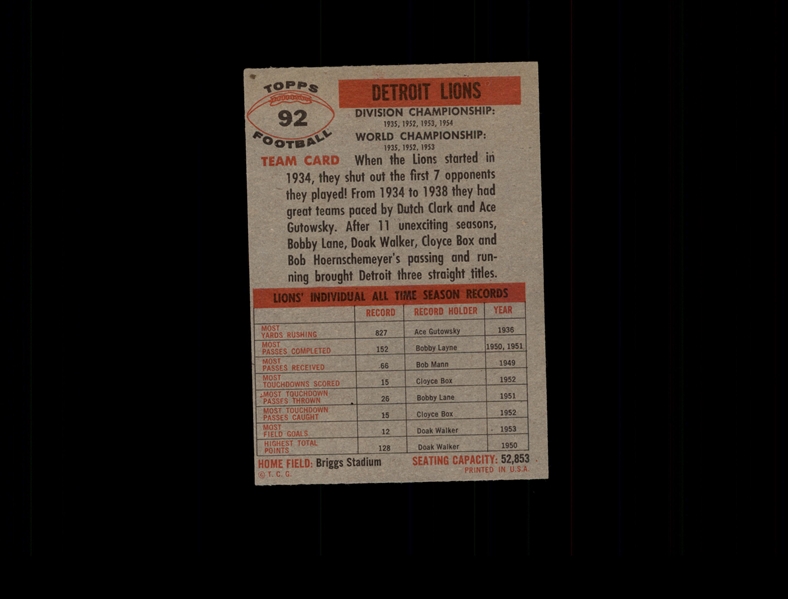 1956 Topps 92 Detroit Lions EX #D686545