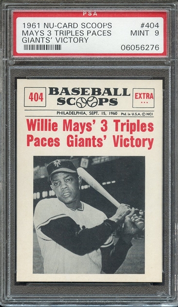 1961 NU-CARD SCOOPS 404 WILLIE MAYS' 3 TRIPLES PACES GIANTS'... PSA MINT 9