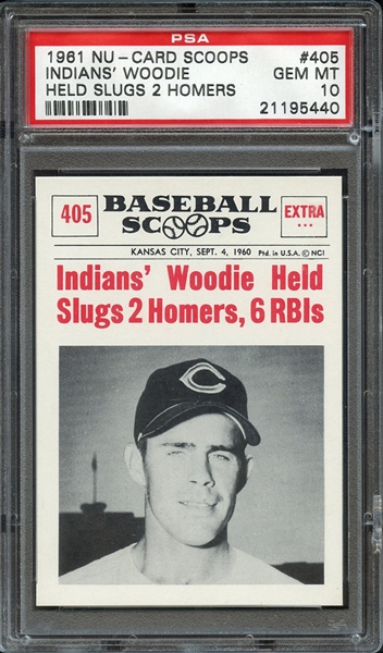 1961 NU-CARD SCOOPS 405 INDIANS' WOODIE HELD SLUGS 2 HOMERS, 6 RBIs PSA GEM MT 10