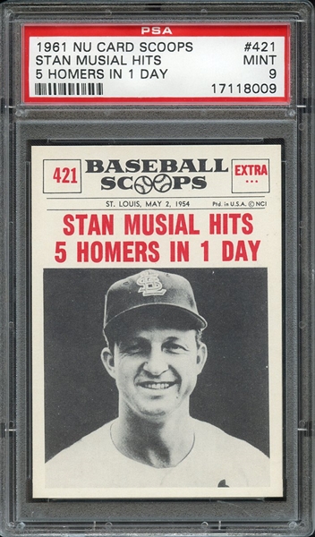 1961 NU-CARD SCOOPS 421 STAN MUSIAL HITS 5 HOMERS IN 1 DAY PSA MINT 9