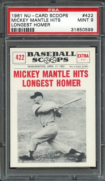 1961 NU-CARD SCOOPS 422 MICKEY MANTLE HITS LONGEST HOMER PSA MINT 9