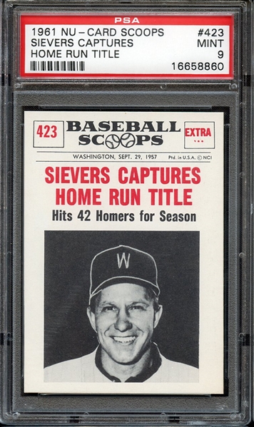 1961 NU-CARD SCOOPS 423 SIEVERS CAPTURES HOME RUN TITLE PSA MINT 9