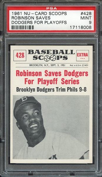 1961 NU-CARD SCOOPS 428 ROBINSON SAVES DODGERS FOR PLAYOFFS... PSA MINT 9