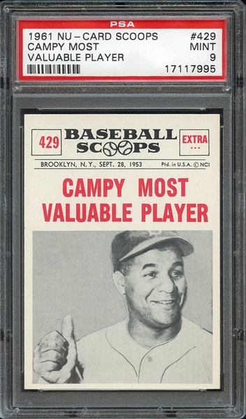1961 NU-CARD SCOOPS 429 CAMPY MOST VALUABLE PLAYER PSA MINT 9