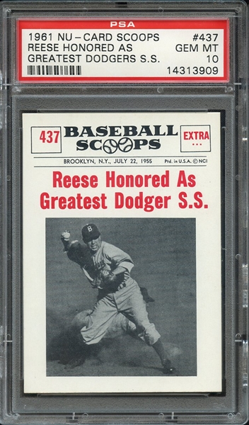 1961 NU-CARD SCOOPS 437 REESE HONORED AS GREATEST DODGERS S.S. PSA GEM MT 10