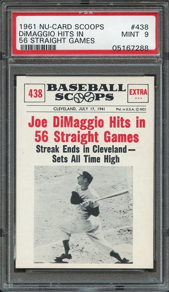 1961 NU-CARD SCOOPS 438 JOE DiMAGGIO HITS IN 56 STRAIGHT GAMES PSA MINT 9