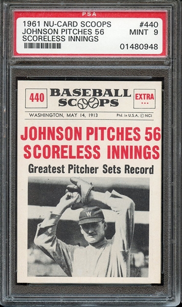 1961 NU-CARD SCOOPS 440 JOHNSON PITCHES 56 SCORELESS INNINGS PSA MINT 9