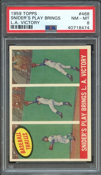 1959 TOPPS 468 SNIDER'S PLAY BRINGS L.A. VICTORY PSA NM-MT 8