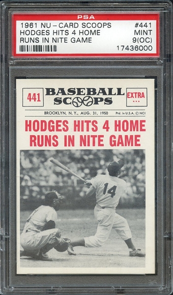 1961 NU-CARD SCOOPS 441 HODGES HITS 4 HOME RUNS IN NITE GAME PSA MINT 9 (OC)