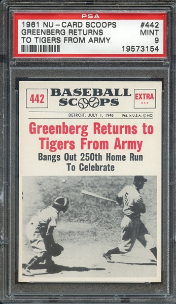 1961 NU-CARD SCOOPS 442 GREENBERG RETURNS TO TIGERS FROM ARMY PSA MINT 9