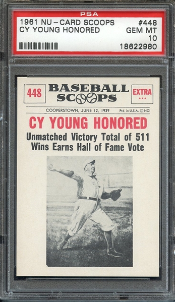1961 NU-CARD SCOOPS 448 CY YOUNG HONORED PSA GEM MT 10