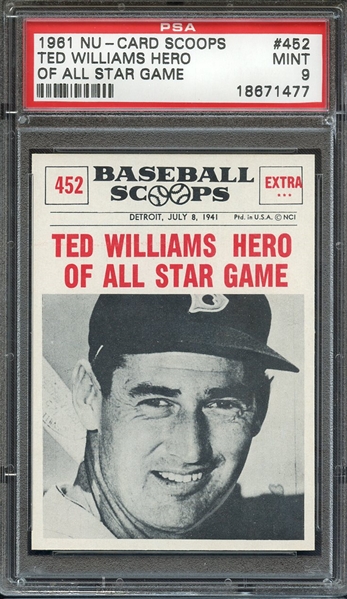 1961 NU-CARD SCOOPS 452 TED WILLIAMS HERO OF ALL STAR GAME PSA MINT 9