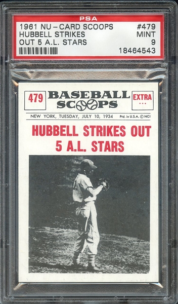 1961 NU-CARD SCOOPS 479 HUBBELL STRIKES OUT 5 A.L. STARS PSA MINT 9