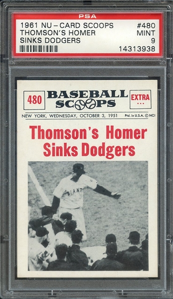 1961 NU-CARD SCOOPS 480 THOMSON'S HOMER SINKS DODGERS PSA MINT 9