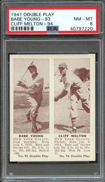 1941 DOUBLE PLAY BABE YOUNG-93 CLIFF MELTON-94 PSA NM-MT 8