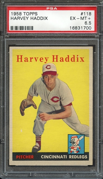 1958 TOPPS 118 HARVEY HADDIX PSA EX-MT+ 6.5