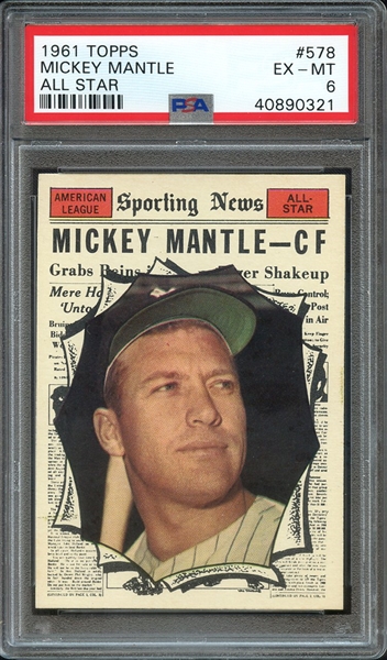 1961 TOPPS 578 MICKEY MANTLE ALL STAR PSA EX-MT 6