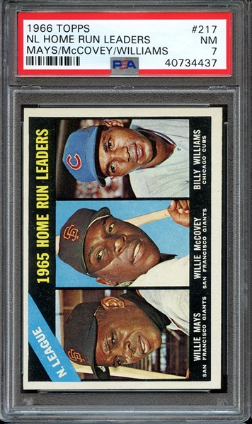 1966 TOPPS 217 NL HOME RUN LEADERS MAYS/McCOVEY/WILLIAMS PSA NM 7