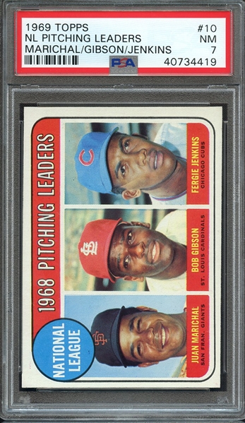 1969 TOPPS 10 NL PITCHING LEADERS MARICHAL/GIBSON/JENKINS PSA NM 7