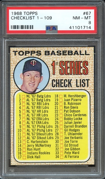 1968 TOPPS 67 CHECKLIST 1-109 PSA NM-MT 8