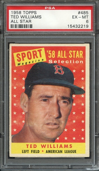 1958 TOPPS 485 TED WILLIAMS ALL STAR PSA EX-MT 6
