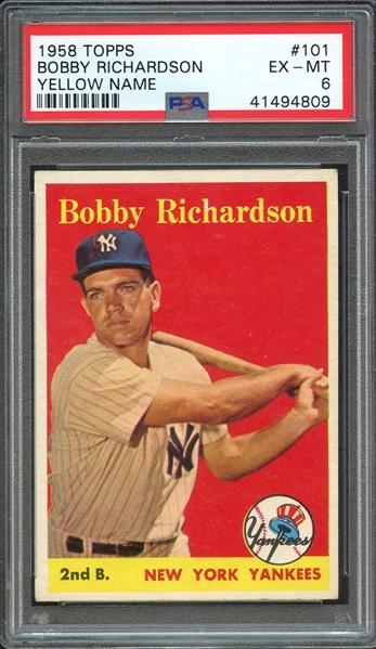 1958 TOPPS 101 BOBBY RICHARDSON YELLOW NAME PSA EX-MT 6