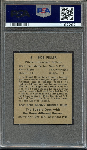 1948 BOWMAN 5 BOB FELLER RC PSA NM 7