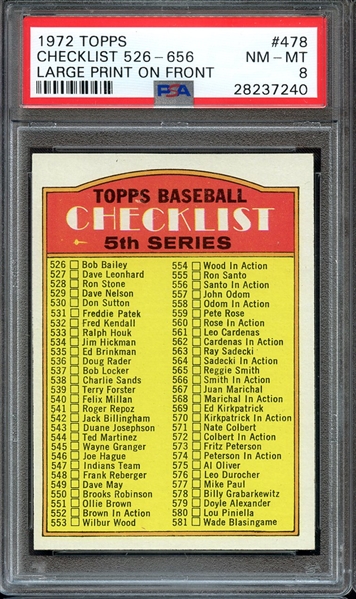 1972 TOPPS 478 CHECKLIST 526-656 LARGE PRINT ON FRONT PSA NM-MT 8