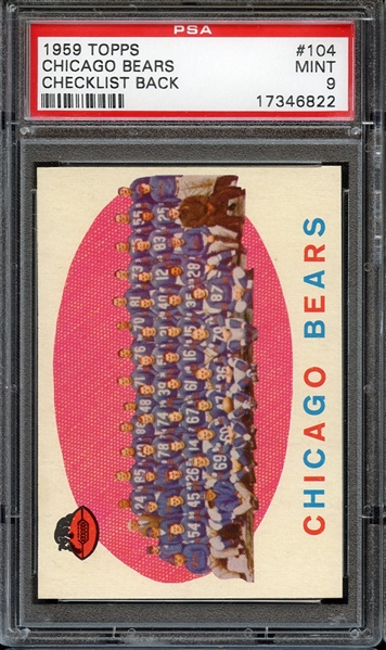 1959 TOPPS 104 CHICAGO BEARS CHECKLIST BACK PSA MINT 9