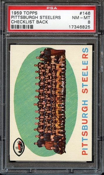 1959 TOPPS 146 PITTSBURGH STEELERS CHECKLIST BACK PSA NM-MT 8