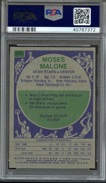 1975 TOPPS 254 MOSES MALONE RC PSA GEM MT 10