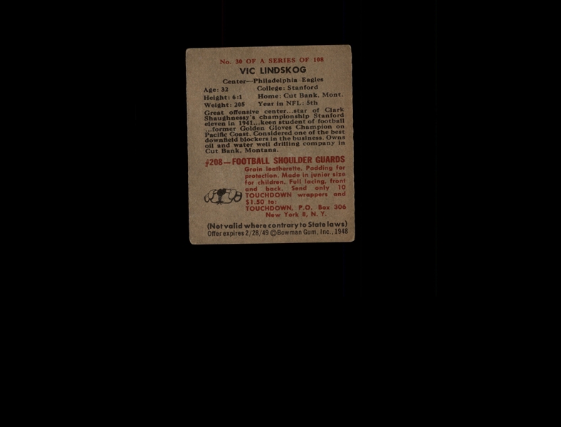 1948 Bowman 30 Vic Lindskog SP RC VG-EX #D774101
