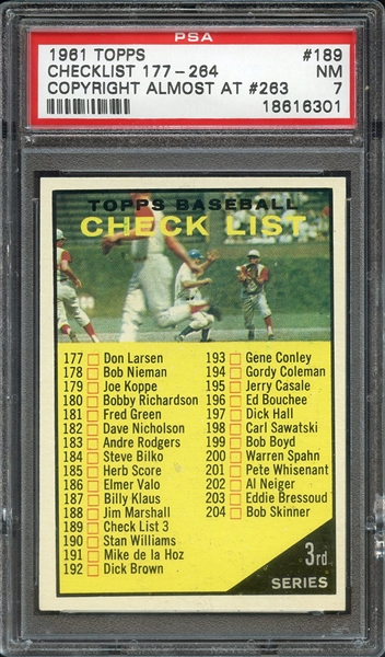 1961 TOPPS 189 CHECKLIST 177-264 COPYRIGHT ALMOST AT #263 PSA NM 7