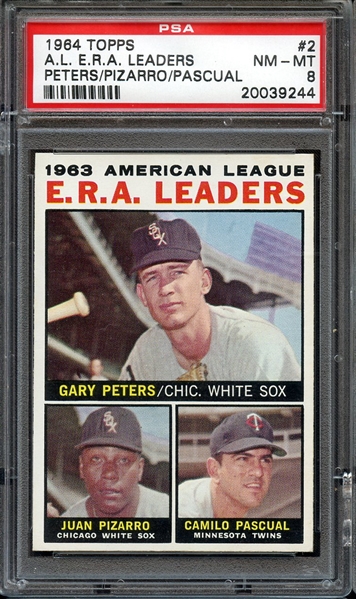 1964 TOPPS 2 A.L. E.R.A. LEADERS PETERS/PIZARRO/PASCUAL PSA NM-MT 8
