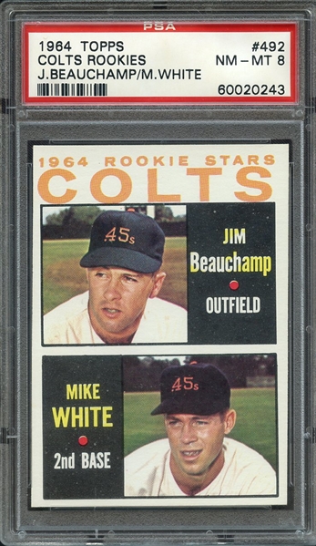 1964 TOPPS 492 COLTS ROOKIES J.BEAUCHAMP/M.WHITE PSA NM-MT 8