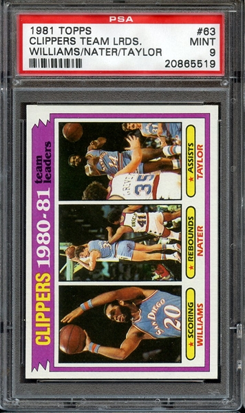1981 TOPPS 63 CLIPPERS TEAM LDRS. WILLIAMS/NATER/TAYLOR PSA MINT 9