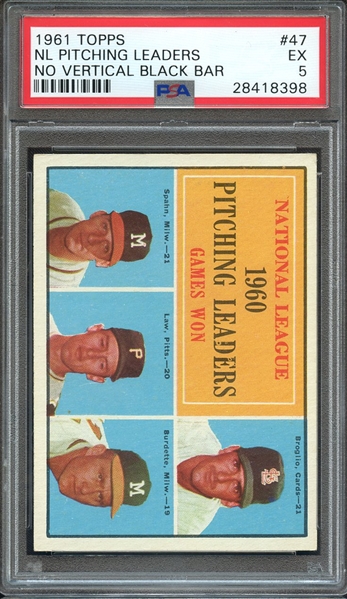 1961 TOPPS 47 NL PITCHING LEADERS NO VERTICAL BLACK BAR PSA EX 5