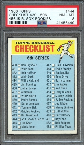 1966 TOPPS 444 CHECKLIST 430-506 456 IS R. SOX ROOKIES PSA NM-MT 8