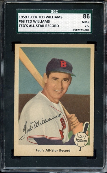 1959 FLEER TED WILLIAMS 63 ALL STAR RECORD SGC NM+ 86 / 7.5
