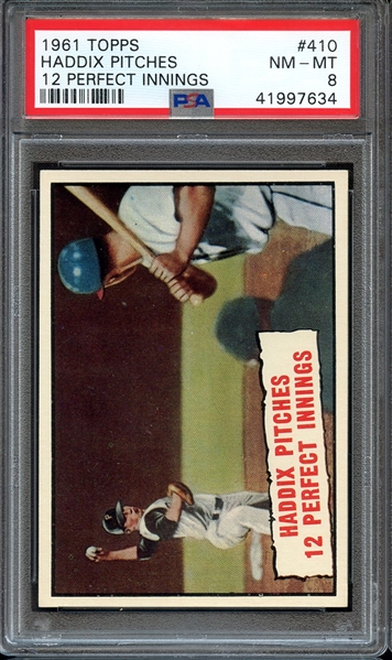 1961 TOPPS 410 HADDIX PITCHES 12 PERFECT INNINGS PSA NM-MT 8